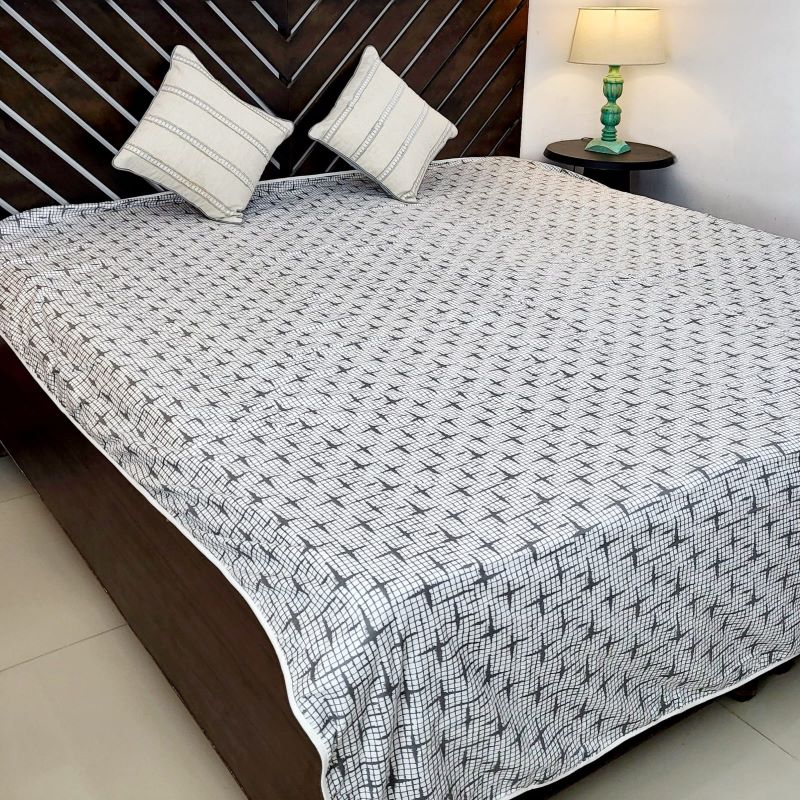 Dohar 100% Cambric Cotton Reversible Double Bed AC Blanket, Grey Stars