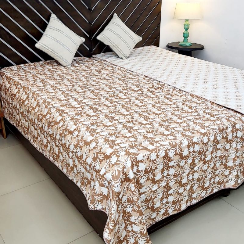 Dohar 100% Cambric Cotton Reversible Single Bed AC Blanket, Floral Brown