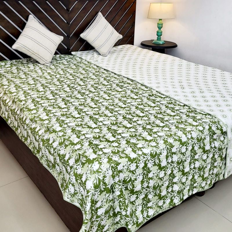 Dohar 100% Cambric Cotton Reversible Single Bed AC Blanket, Green Flora