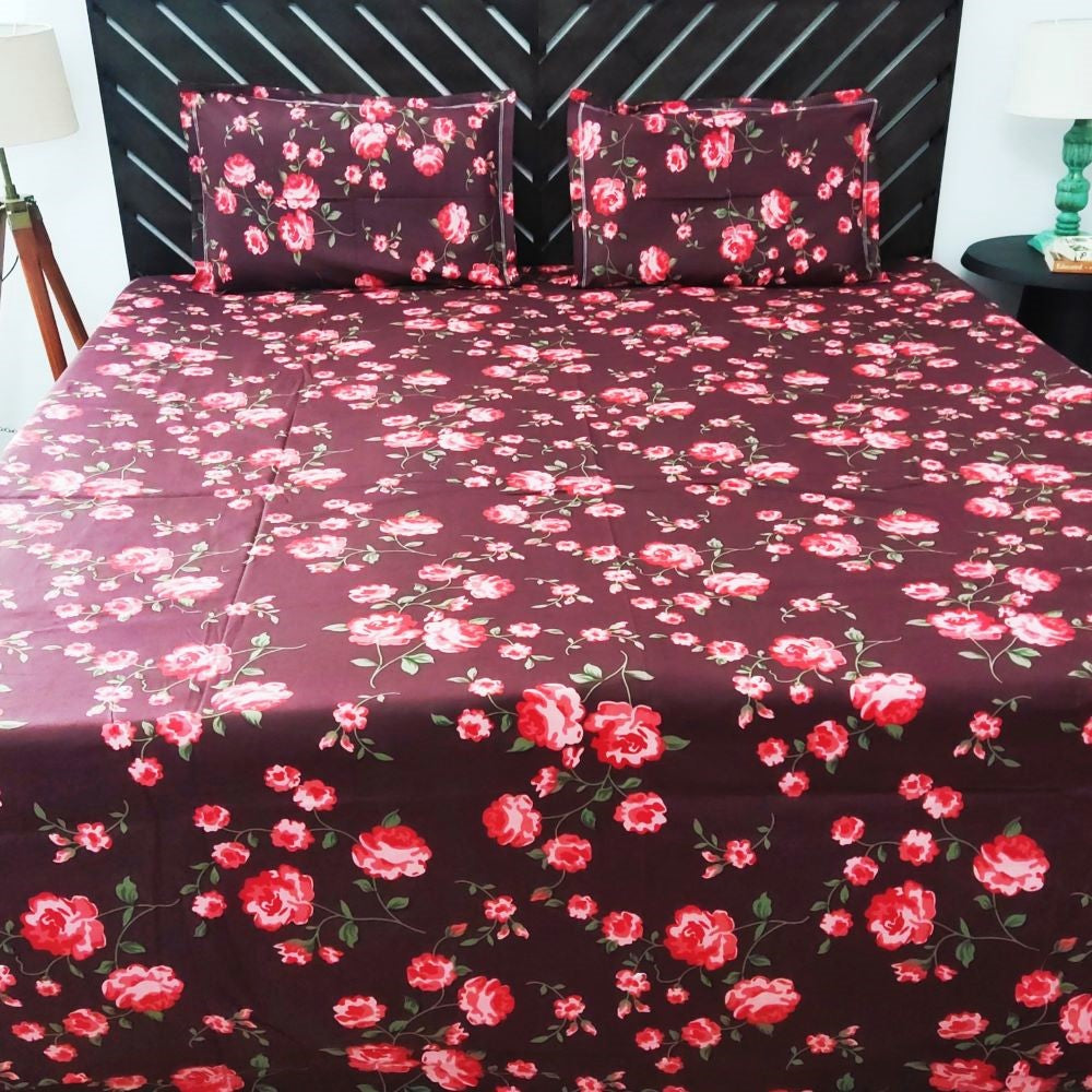 Temptations 100% Cotton King Bedsheet with 2 Pillow Covers 144 TC Procion, Dark Red