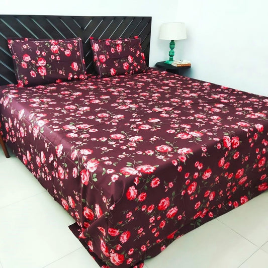 Temptations 100% Cotton King Bedsheet with 2 Pillow Covers 144 TC Procion, Dark Red