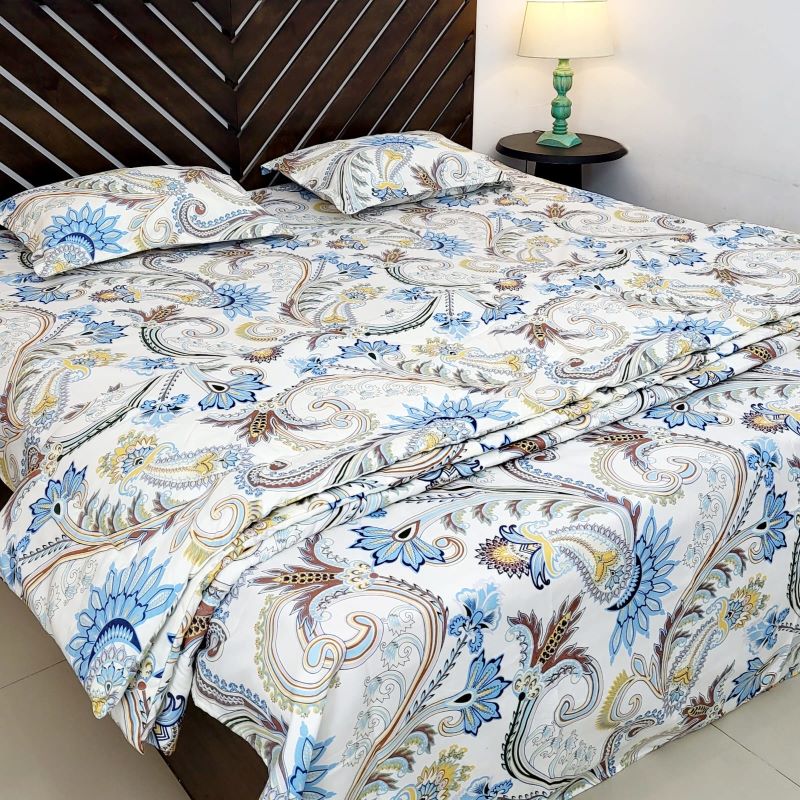 Comforter Bedding Combo Set Double Bed, Microfiber, Paisley Ivory White