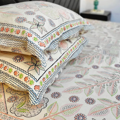 Royal Ethnic Jaipuri Cotton Double Bedsheet, Kantha Ivory