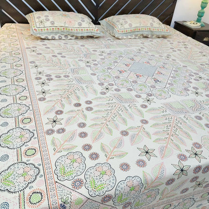 Royal Ethnic Jaipuri Cotton Double Bedsheet, Kantha Ivory